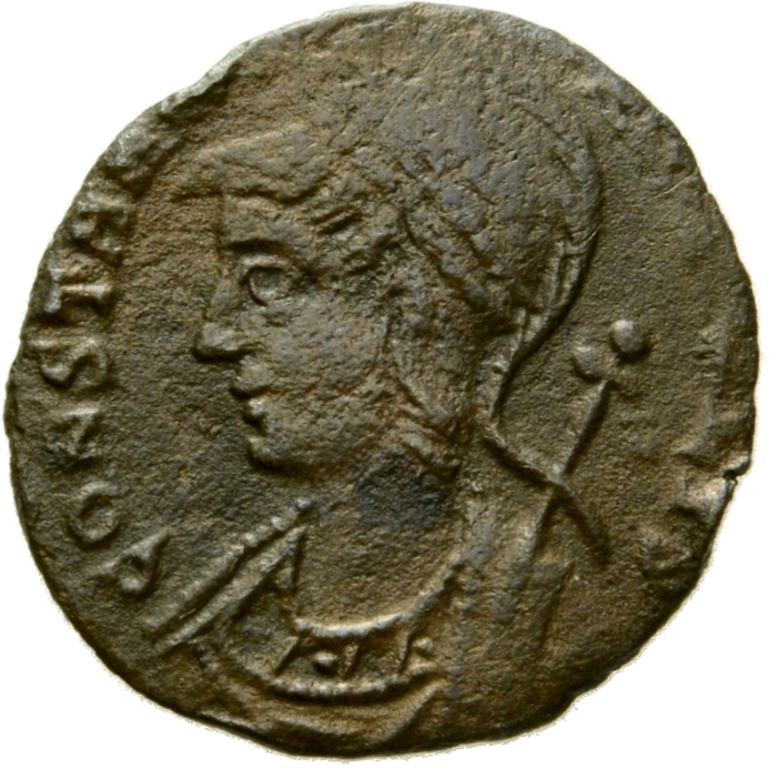 RIC VII Rome 371 Constantine I obverse, Bust of Constantinopolis, laureate, helmeted, wearing imperial cloak, left, holdin...