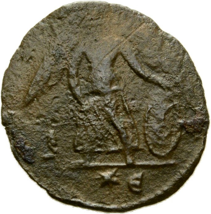 RIC VII Rome 371 Constantine I reverse, Victory, winged, draped, standing left on prow, holding spear in right hand and sh...