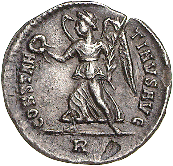 RIC VII Rome 377 Constantine I reverse, Victory, winged, draped, advancing left, holding wreath in right hand and palm in ...