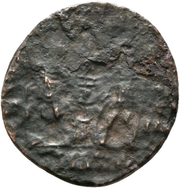 RIC VII Rome 381 Constantine I reverse, Two soldiers, helmeted, draped, cuirassed, standing facing each other, each holdin...