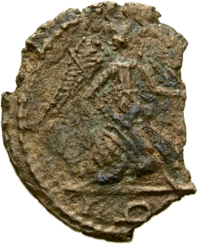 RIC VII Rome 387 Constantine I reverse, Victory, winged, draped, standing left on prow, holding spear in right hand and sh...