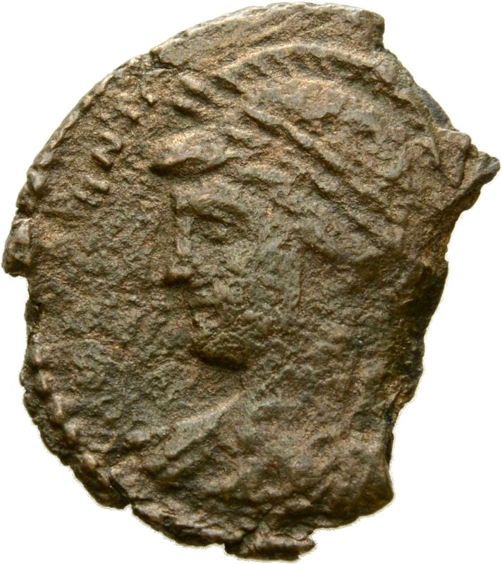 RIC VII Rome 387 Constantine I obverse, Bust of Constantinopolis, laureate, helmeted, wearing imperial cloak, left, holdin...