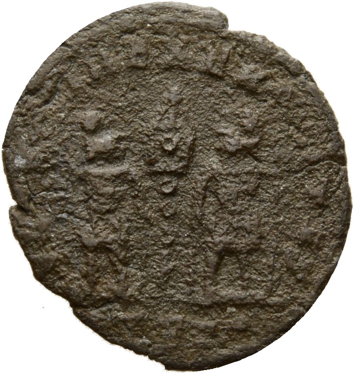 RIC VII Rome 392 Constantine I reverse, Two soldiers, helmeted, draped, cuirassed, standing facing each other, each holdin...