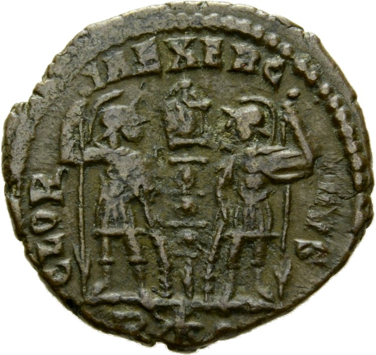 RIC VII Rome 394 Constantine I reverse, Two soldiers, helmeted, draped, cuirassed, standing facing each other, each holdin...