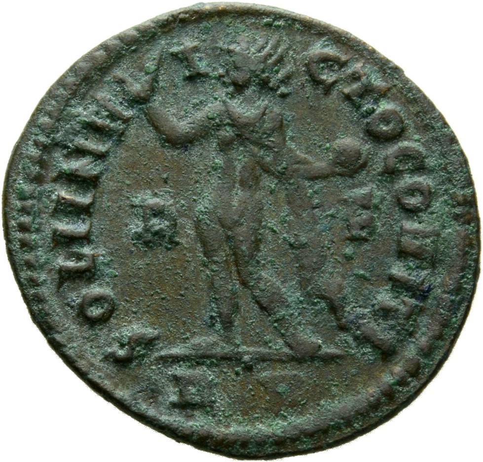 RIC VII Rome 4 Licinius reverse, Sol, radiate, chlamys draped across right shoulder, standing left, raising right hand and...
