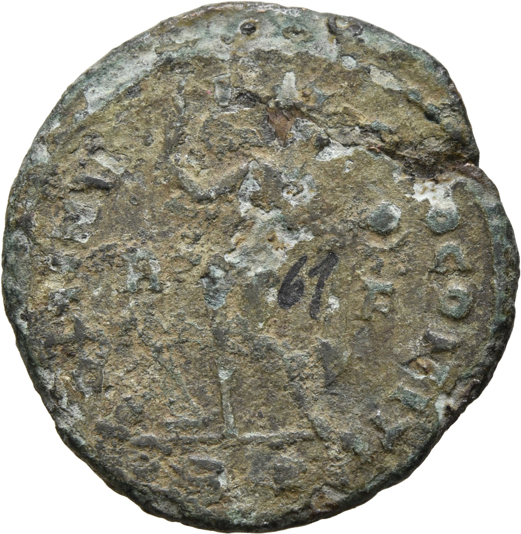 RIC VII Rome 4 Licinius reverse, Sol, radiate, chlamys draped across right shoulder, standing left, raising right hand and...