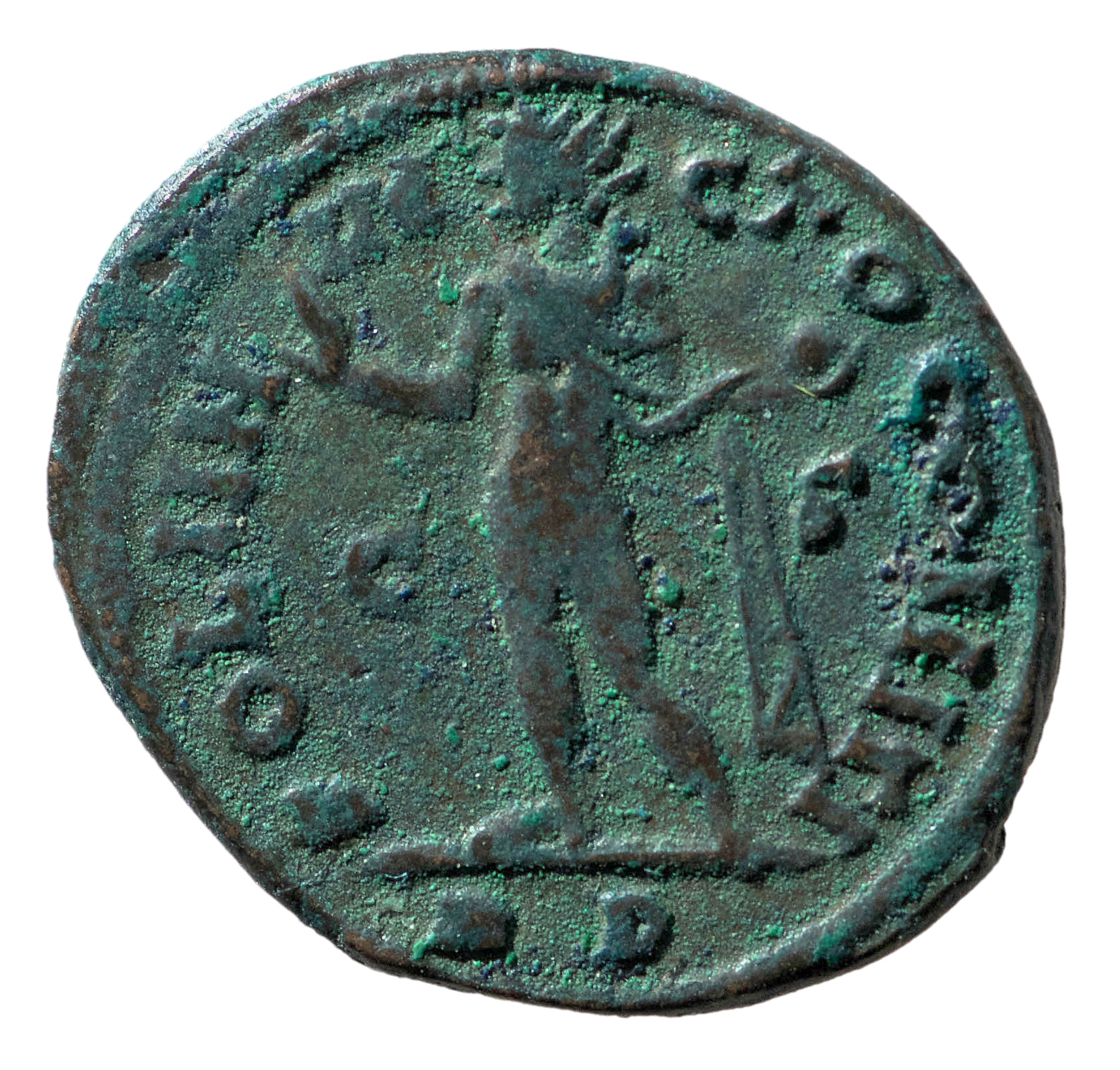 RIC VII Rome 40 Licinius reverse, Sol, radiate, chlamys draped across left shoulder, standing left, raising right hand and...