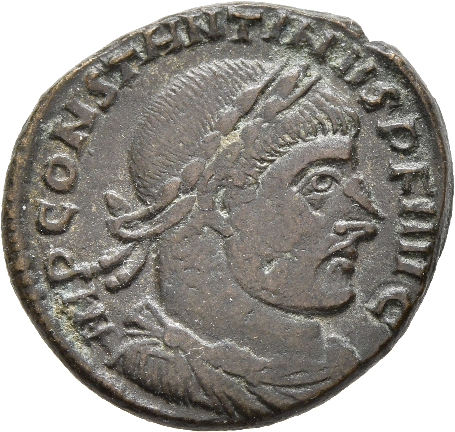 RIC VII Rome 40 Licinius obverse, Bust of Constantine I, laureate, draped, cuirassed, right