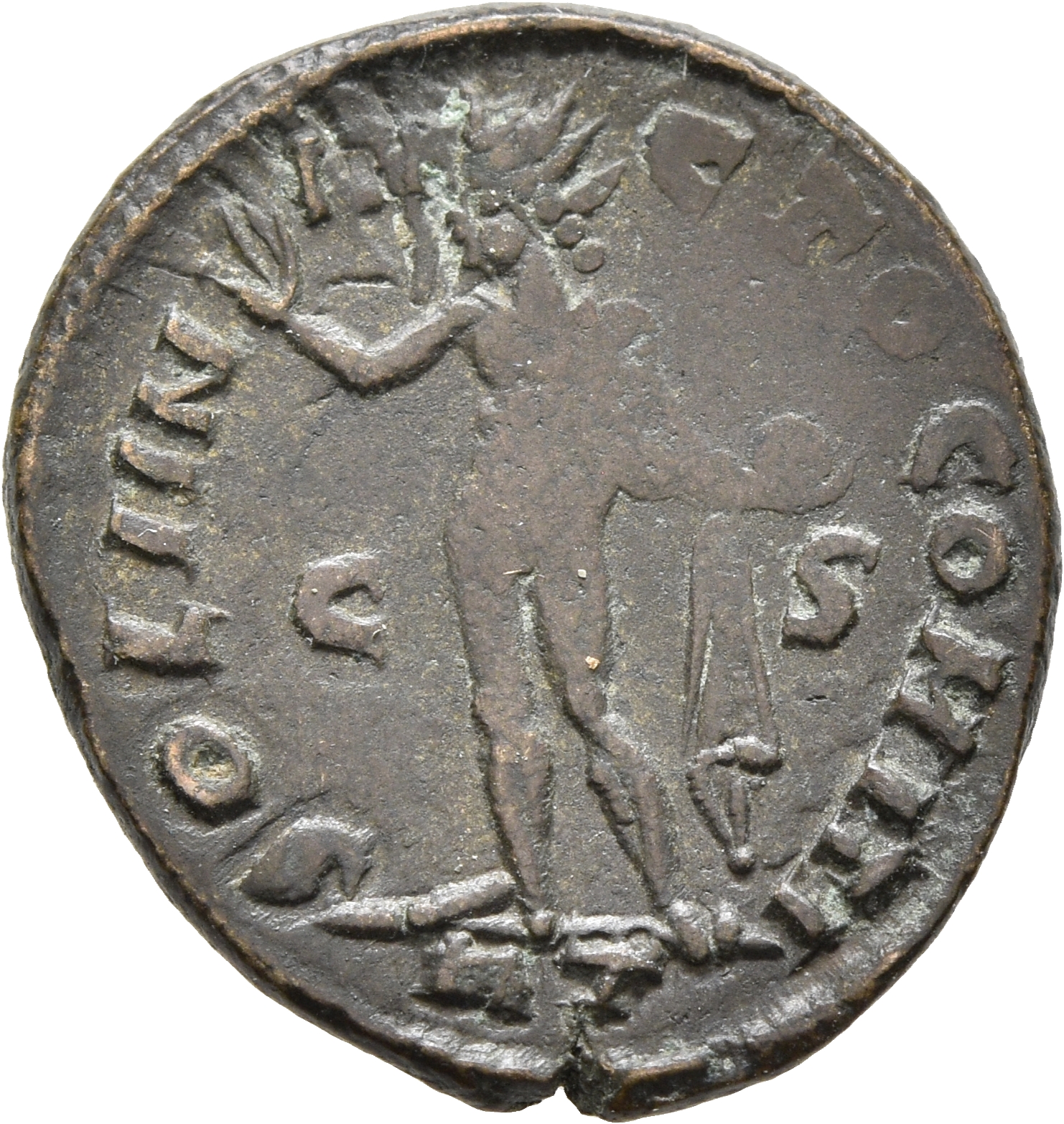 RIC VII Rome 40 Licinius reverse, Sol, radiate, chlamys draped across left shoulder, standing left, raising right hand and...