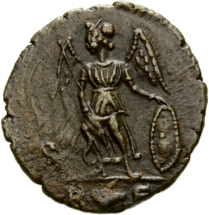 RIC VII Rome 407 Constantine I reverse, Victory, winged, draped, standing left on prow, holding spear in right hand and sh...