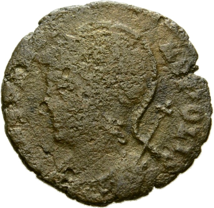 RIC VII Rome 407 Constantine I obverse, Bust of Constantinopolis, laureate, helmeted, wearing imperial cloak, left, holdin...