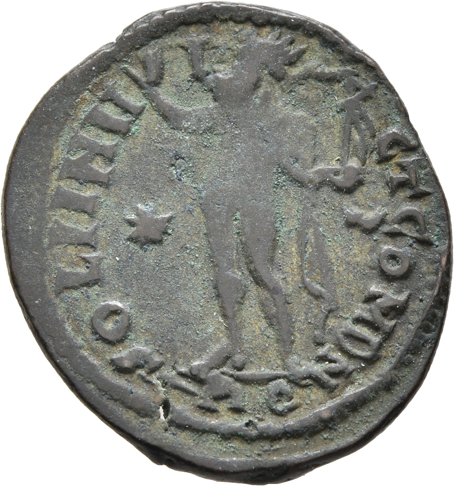 RIC VII Rome 49 Licinius reverse, Sol, radiate, chlamys draped across left shoulder, standing left, raising right hand and...