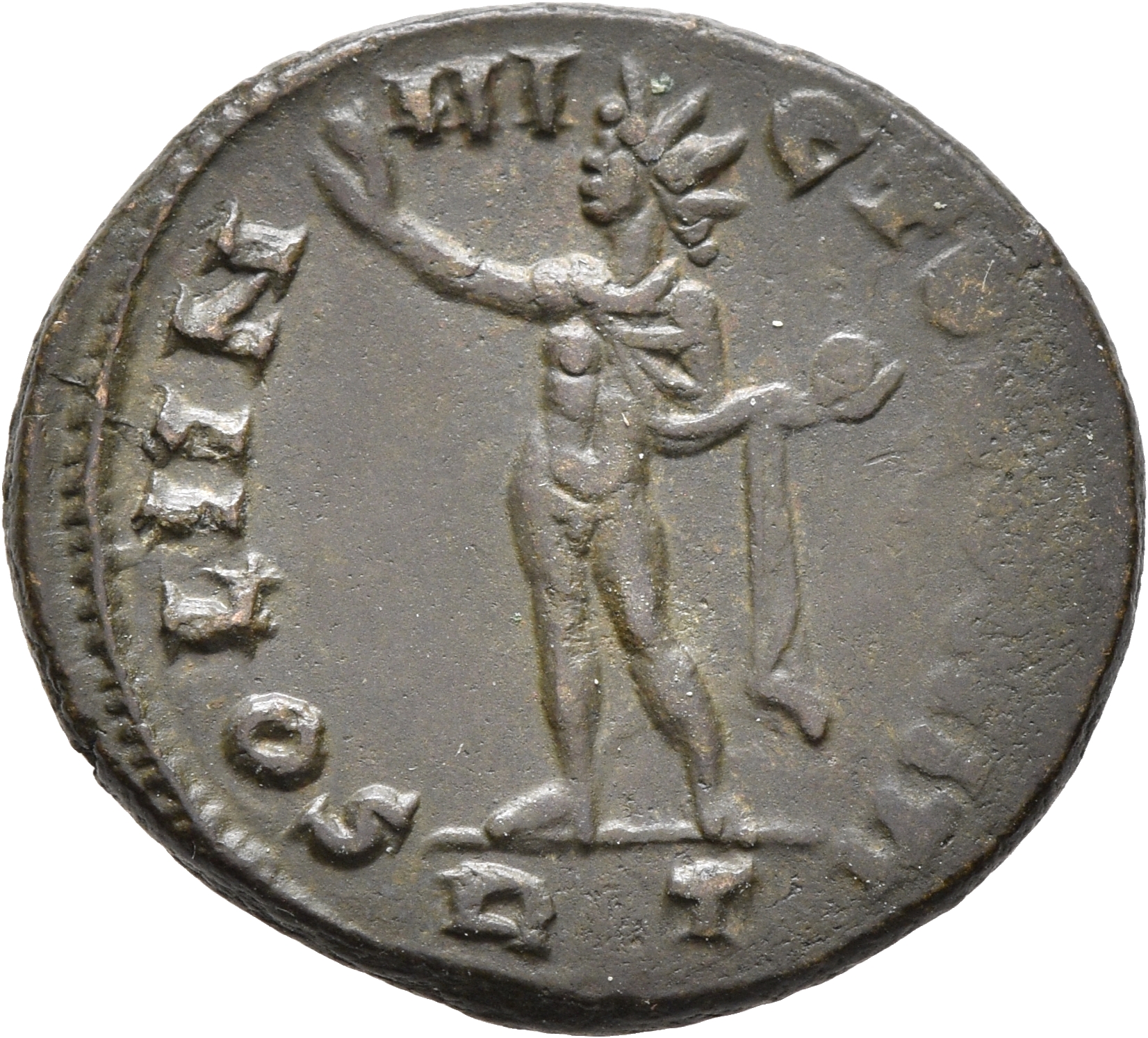 RIC VII Rome 52 Licinius reverse, Sol, radiate, chlamys draped across left shoulder, standing left, raising right hand and...