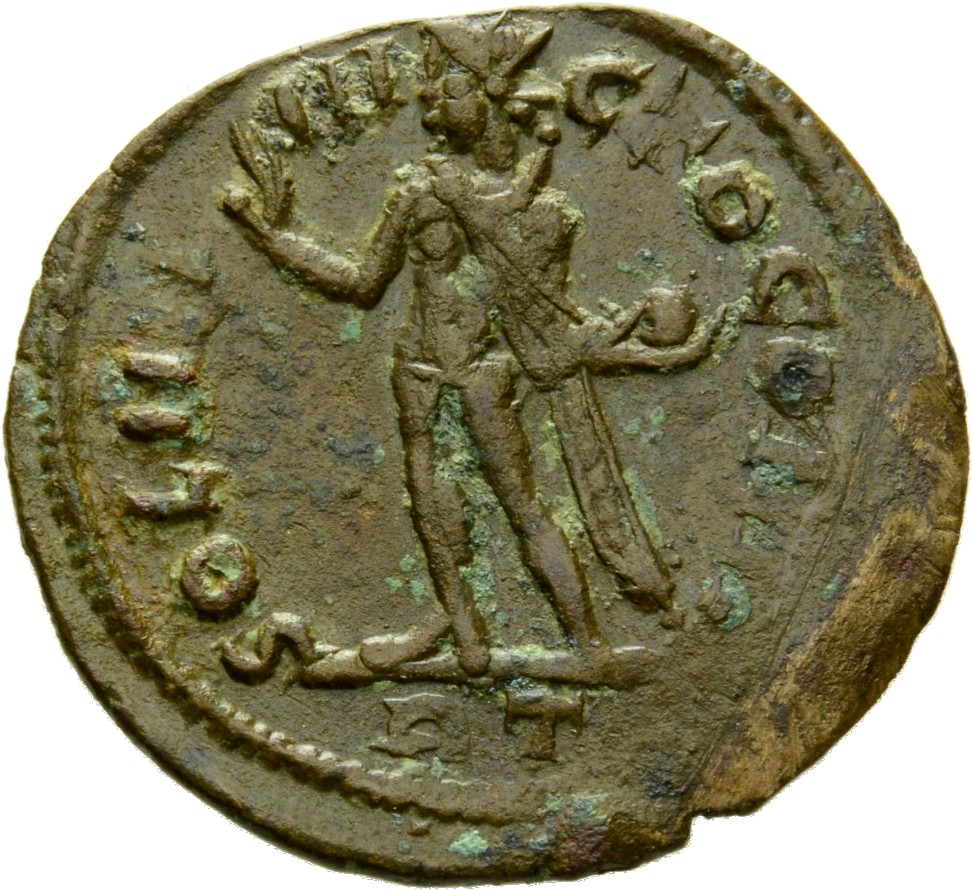 RIC VII Rome 57 Licinius reverse, Sol, radiate, chlamys draped across left shoulder, standing left, raising right hand and...