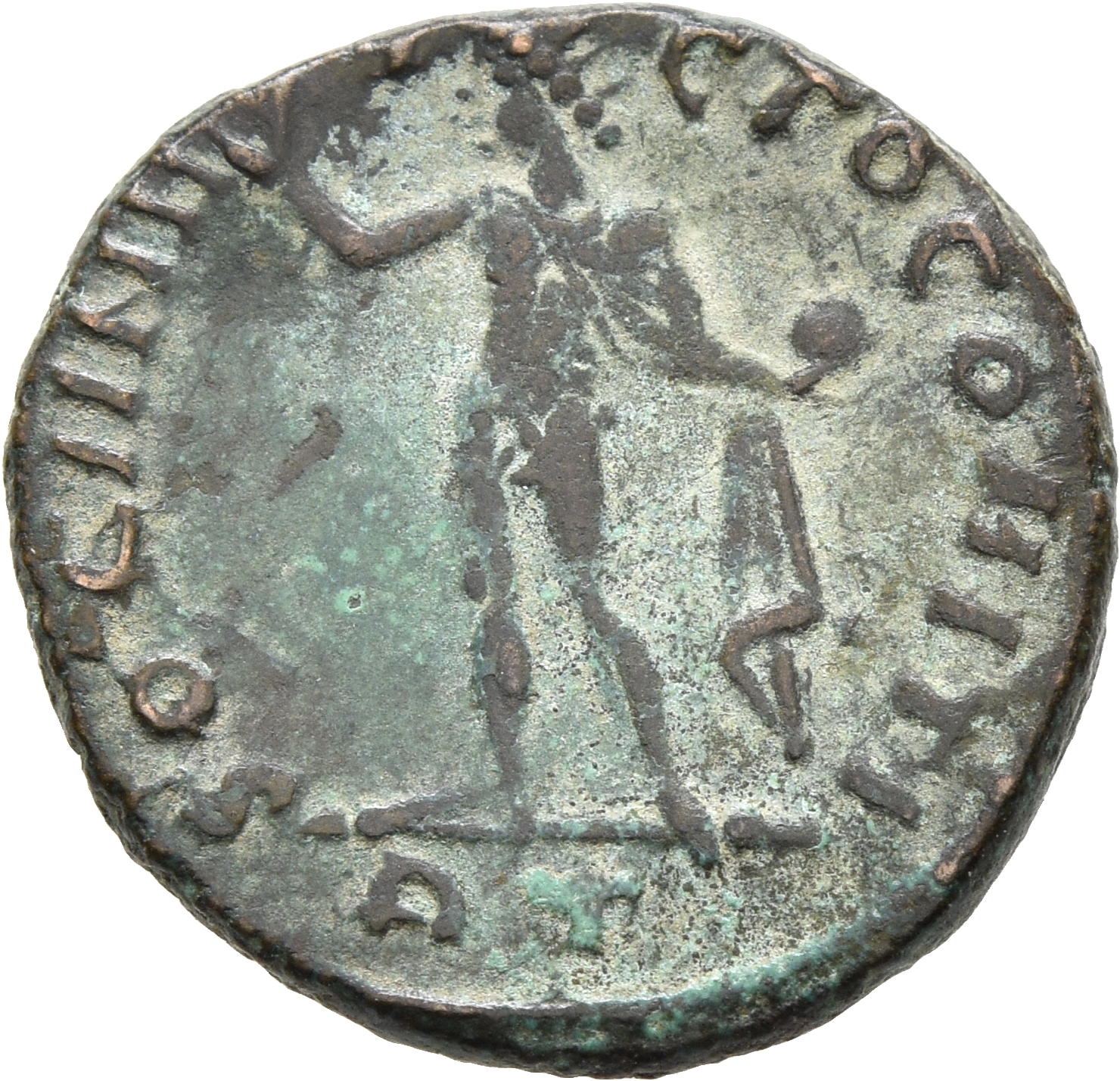 RIC VII Rome 57 Licinius reverse, Sol, radiate, chlamys draped across left shoulder, standing left, raising right hand and...