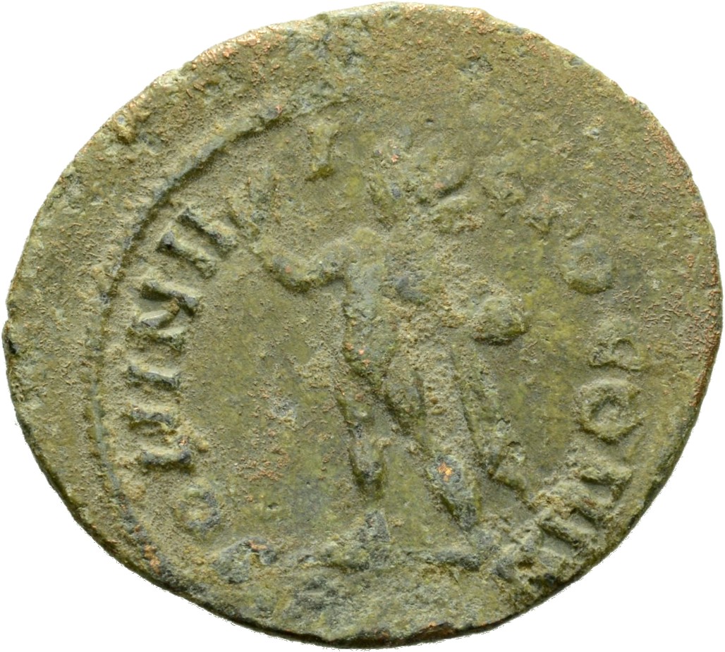 RIC VII Rome 78 Licinius reverse, Sol, radiate, chlamys draped across left shoulder, standing left, raising right hand and...