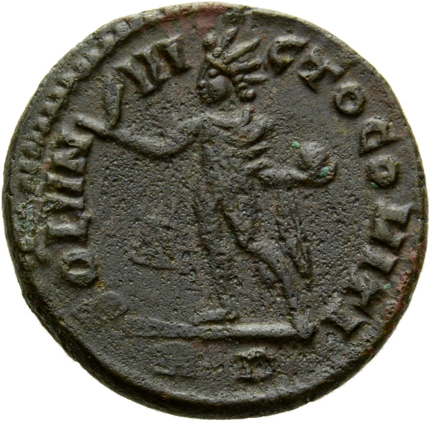 RIC VII Rome 78 Licinius reverse, Sol, radiate, chlamys draped across left shoulder, standing left, raising right hand and...
