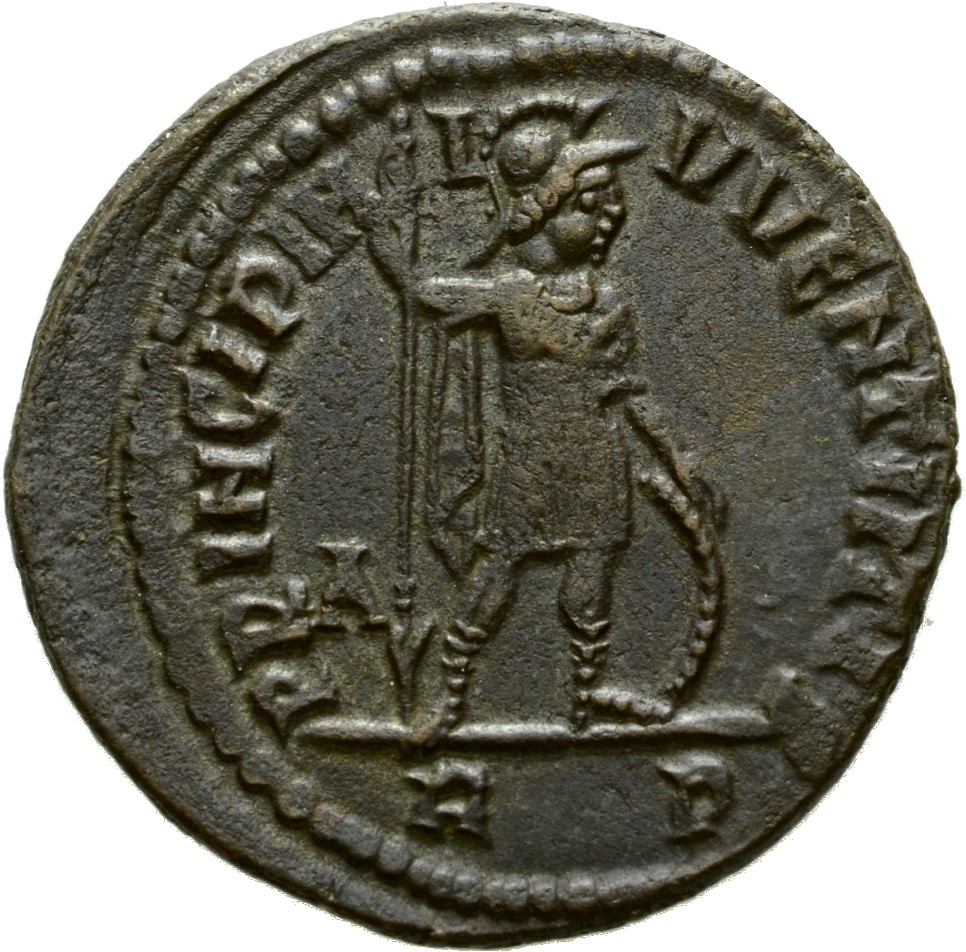 RIC VII Rome 90 Licinius reverse, Crispus, helmeted, draped, cuirassed, cloak spread, standing right, holding reversed spe...