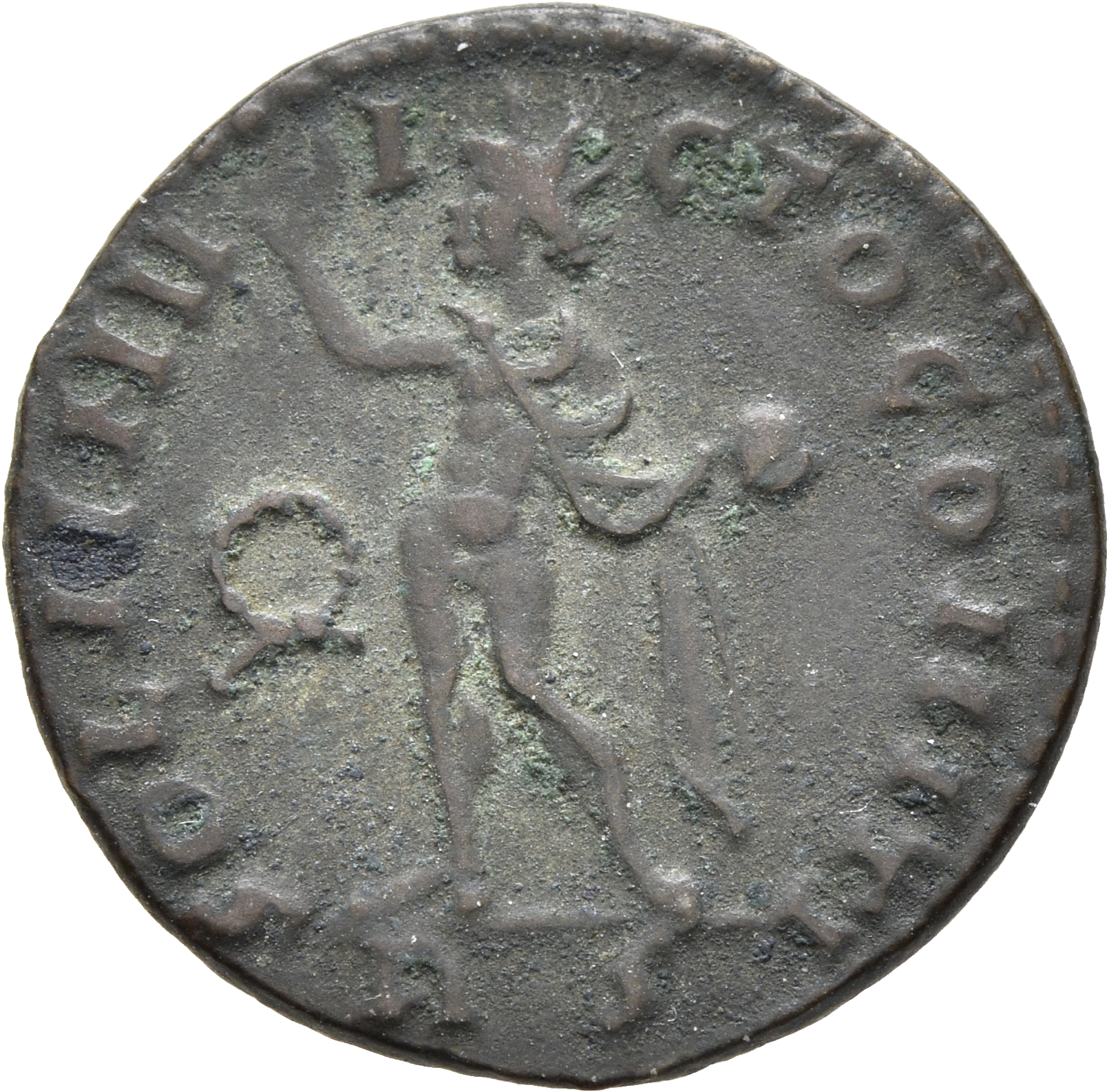 RIC VII Rome 97 Licinius reverse, Sol, radiate, chlamys draped across left shoulder, standing left, raising right hand and...