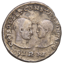 RIC VII Sirmium 14 Constantine I reverse, Busts of Crispus and Constantine II, facing one another