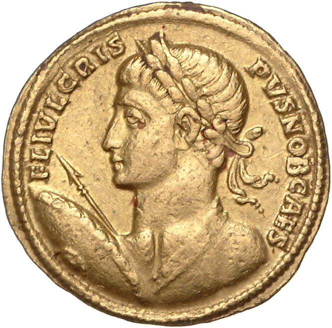RIC VII Sirmium 33 Constantine I obverse, Bust of Crispus, laureate, nude, left, holding spear pointing forward in right h...