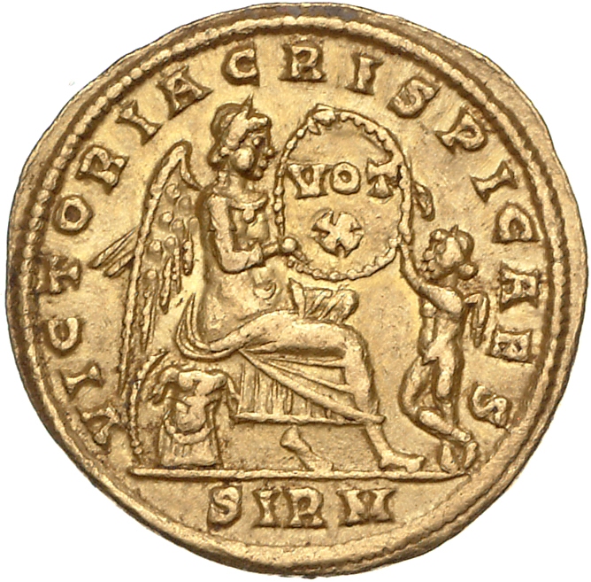 RIC VII Sirmium 33 Constantine I reverse, Victory, winged, draped, seated right on cuirass with shield beside, holding shi...