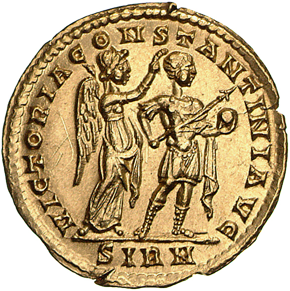 RIC VII Sirmium 37 Constantine I reverse, Victory, winged, draped, standing right, crowning Constantine I, draped, cuirass...