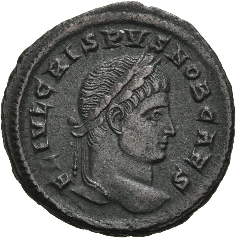 RIC VII Sirmium 49 Constantine I obverse, Head of Crispus, laureate, right
