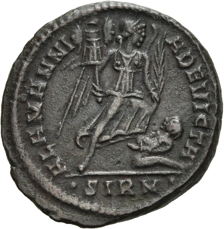 RIC VII Sirmium 49 Constantine I reverse, Victory, winged, draped, advancing right, holding trophy in right hand and spurn...