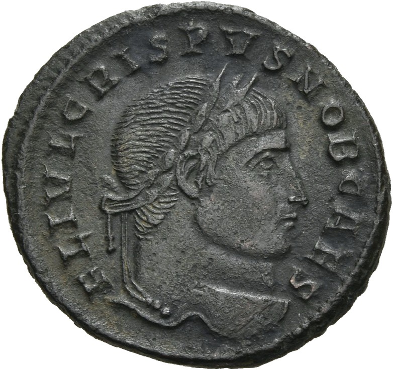 RIC VII Sirmium 49 Constantine I obverse — Head of Crispus, laureate, right
