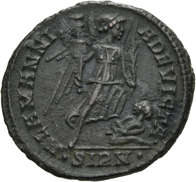 RIC VII Sirmium 49 Constantine I reverse — Victory, winged, draped, advancing right, holding trophy in right hand and spur...