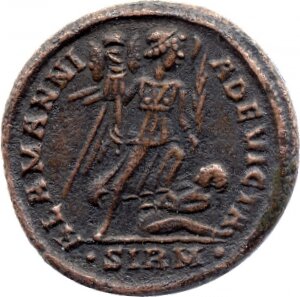 RIC VII Sirmium 51 Constantine I reverse, Victory, winged, draped, advancing right, holding trophy in right hand and spurn...