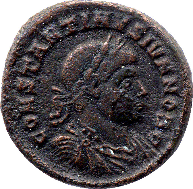 RIC VII Sirmium 51 Constantine I obverse, Bust of Constantine II, laureate, draped, cuirassed, right