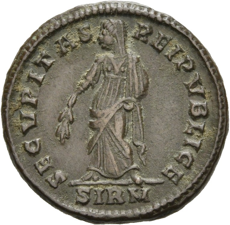 RIC VII Sirmium 54 Constantine I reverse, Securitas, draped, standing left, raising robe with right hand and lowering bran...