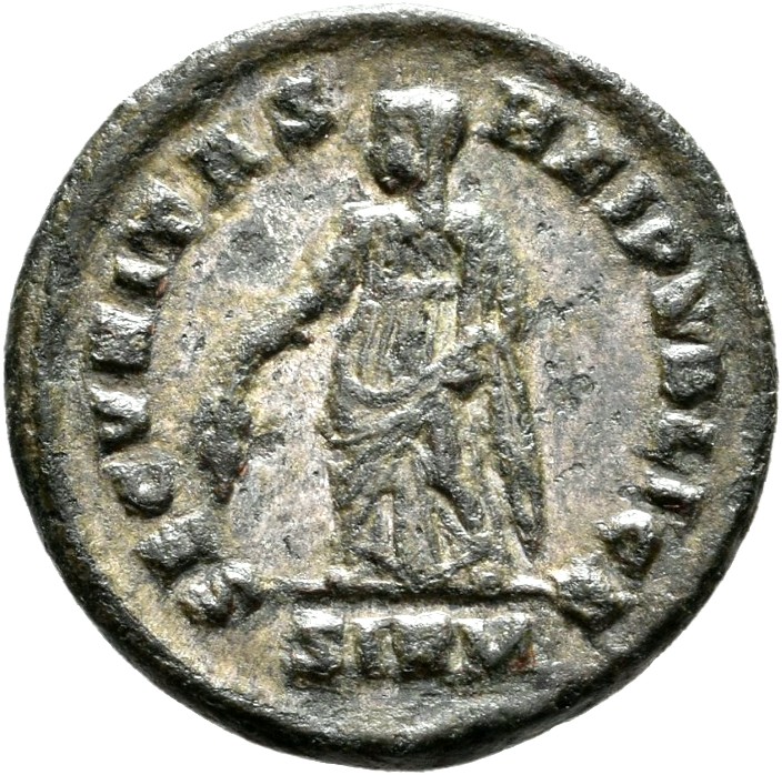 RIC VII Sirmium 54 Constantine I reverse — Securitas, draped, standing left, raising robe with right hand and lowering bra...