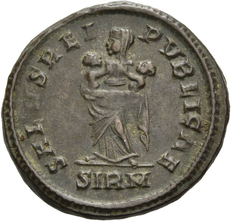 RIC VII Sirmium 55 Constantine I reverse, Salus, veiled, draped, standing front, head left, holding two children in her arms