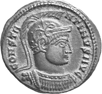 Constantine I obverse — Bust of Constantine I, helmeted, cuirassed, right