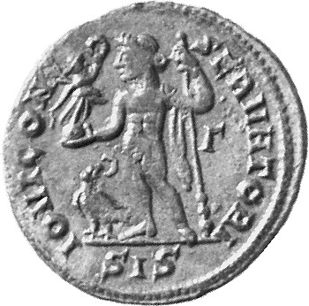 RIC VII Siscia 11 Licinius reverse, Jupiter, nude, chlamys draped across left shoulder, standing left, holding Victory on ...