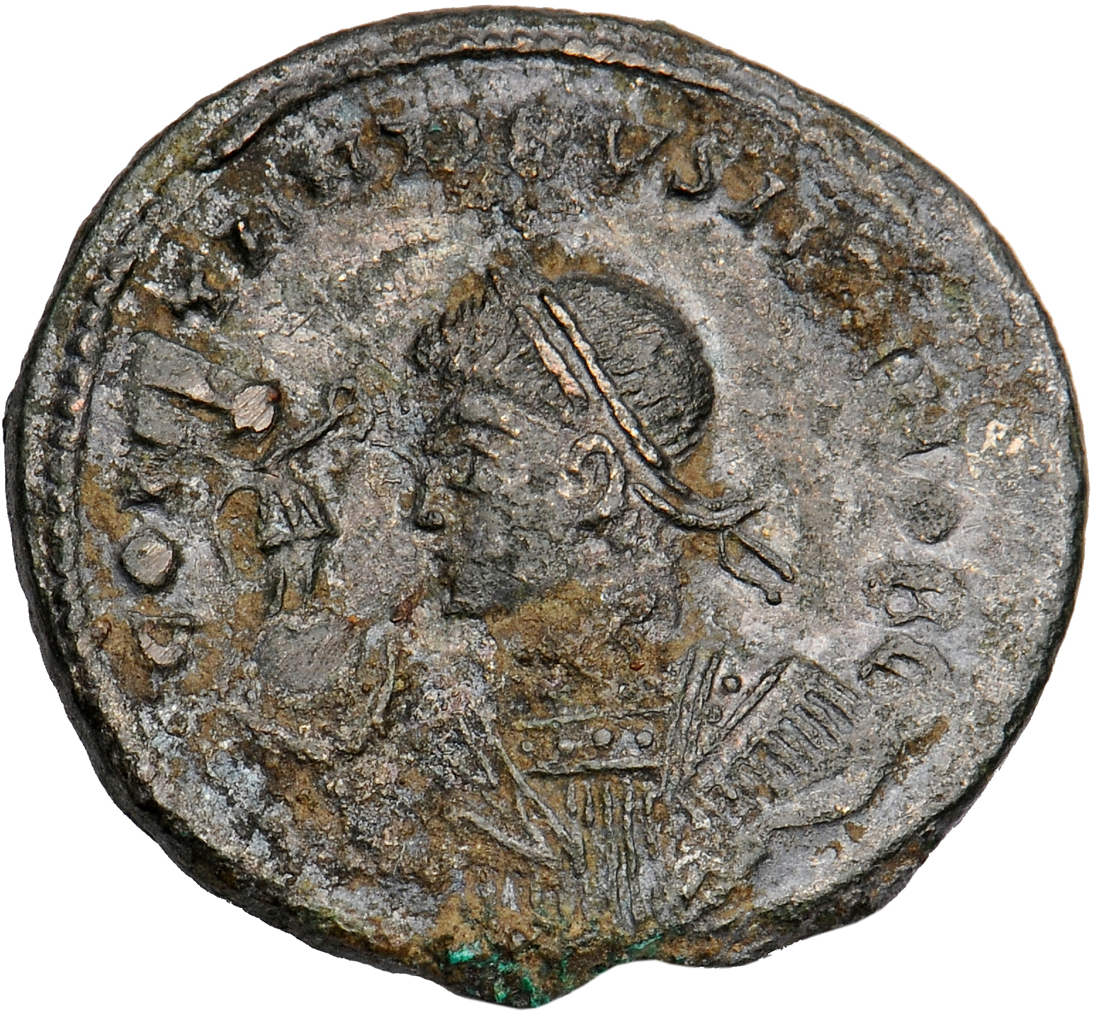 Constantine I obverse — Bust of Constantine II, laureate, draped, left, holding Victory on globe in right hand and mappa in left hand