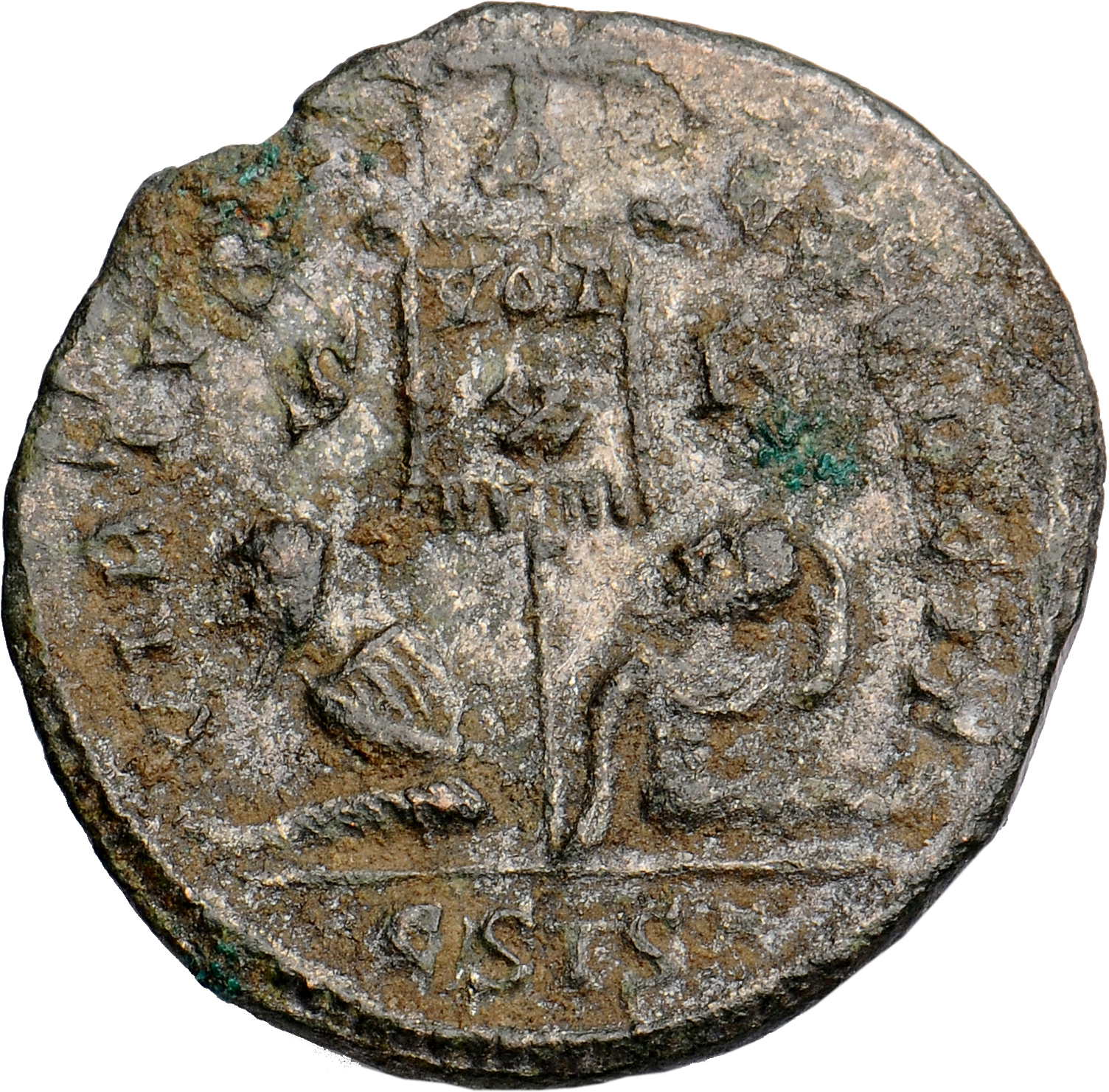 Constantine I reverse — Standard inscribed VOT/X flanked by two seated captives