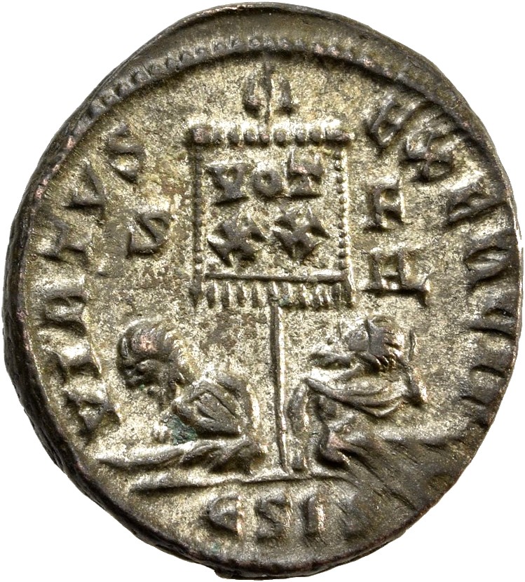 RIC VII Siscia 120 Constantine I reverse, Standard inscribed VOT/XX flanked by two seated captives