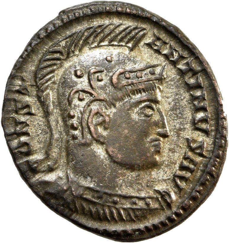 RIC VII Siscia 120 Constantine I obverse, Bust of Constantine I, helmeted, cuirassed, right