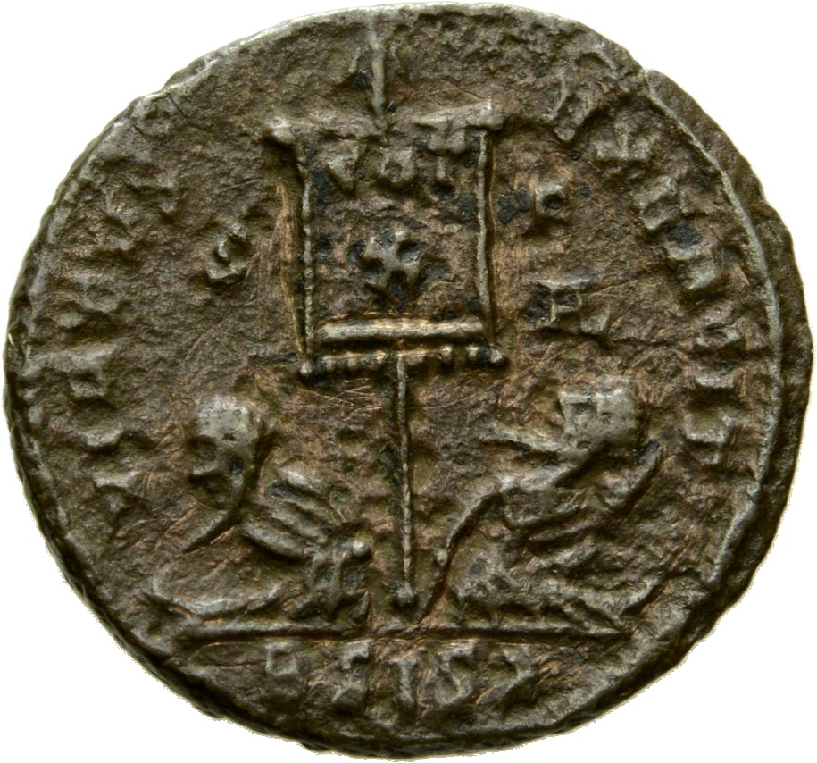 RIC VII Siscia 123 Constantine I reverse, Standard inscribed VOT/X flanked by two seated captives