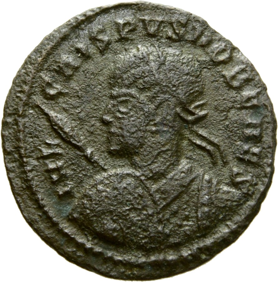 Constantine I obverse — Bust of Crispus, laureate, cuirassed, left, holding spear pointing forward in right hand and shield on left arm