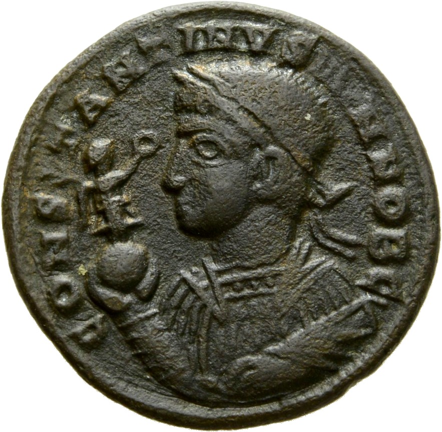 Constantine I obverse — Bust of Constantine II, laureate, draped, left, holding Victory on globe in right hand and mappa in left hand