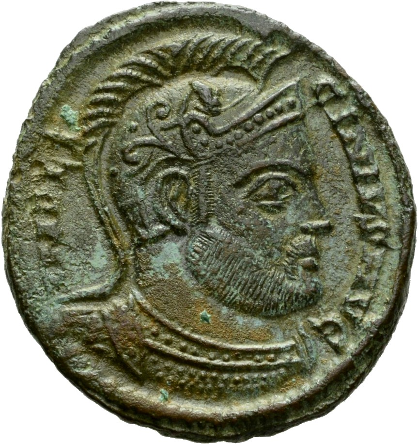 RIC VII Siscia 129 Constantine I obverse, Bust of Licinius, helmeted, cuirassed, right