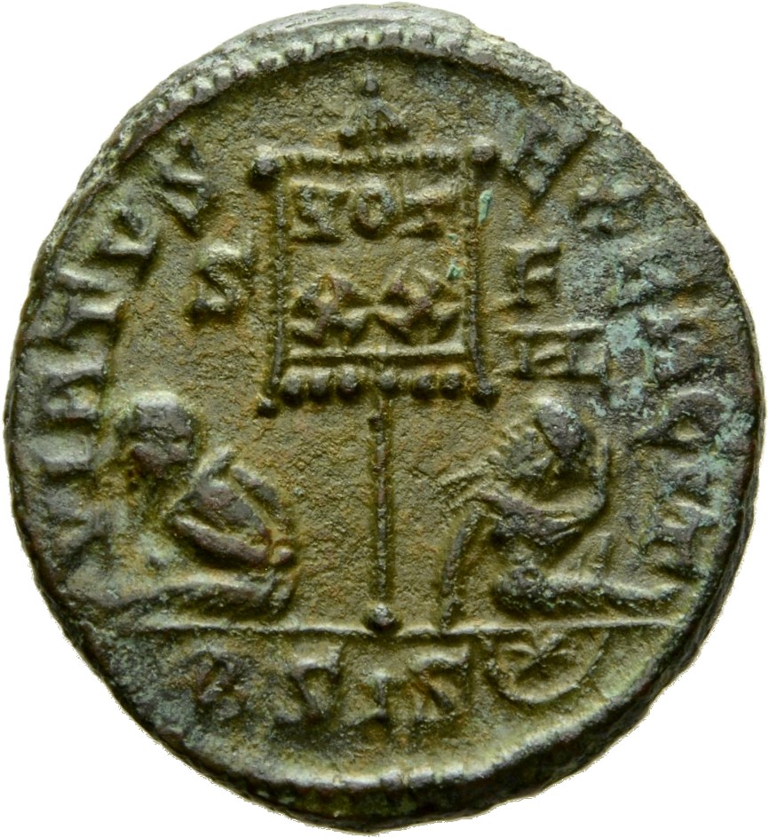RIC VII Siscia 129 Constantine I reverse, Standard inscribed VOT/XX flanked by two seated captives