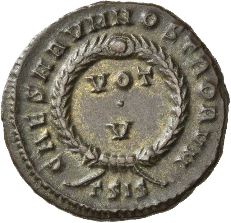 RIC VII Siscia 152 Constantine I reverse, VOT/V within a laurel wreath