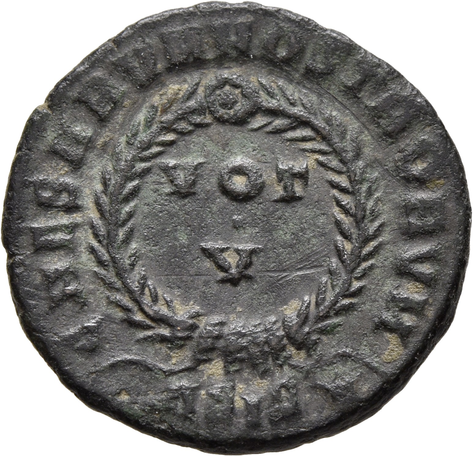 RIC VII Siscia 155 Constantine I reverse, VOT/V within a laurel wreath