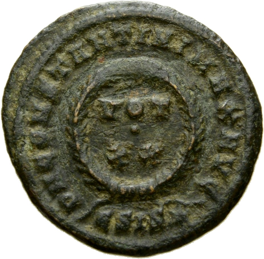 RIC VII Siscia 159 Constantine I reverse, VOT/XX within a laurel wreath